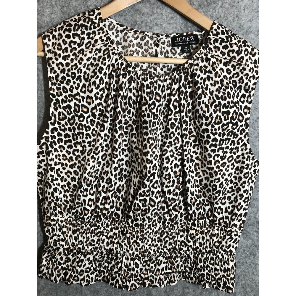 J.Crew Blouse Womens M Brown Leopard Print Sleeveless Elastic Waist‎ Ruffle